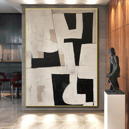 Modern Art Acrylic Black, White, and Beige Geometric Abstract Art PT759