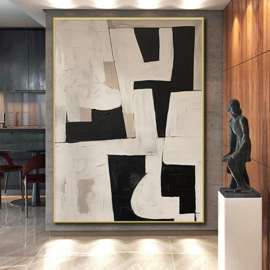 Modern Art Acrylic Black, White, and Beige Geometric Abstract Art PT759