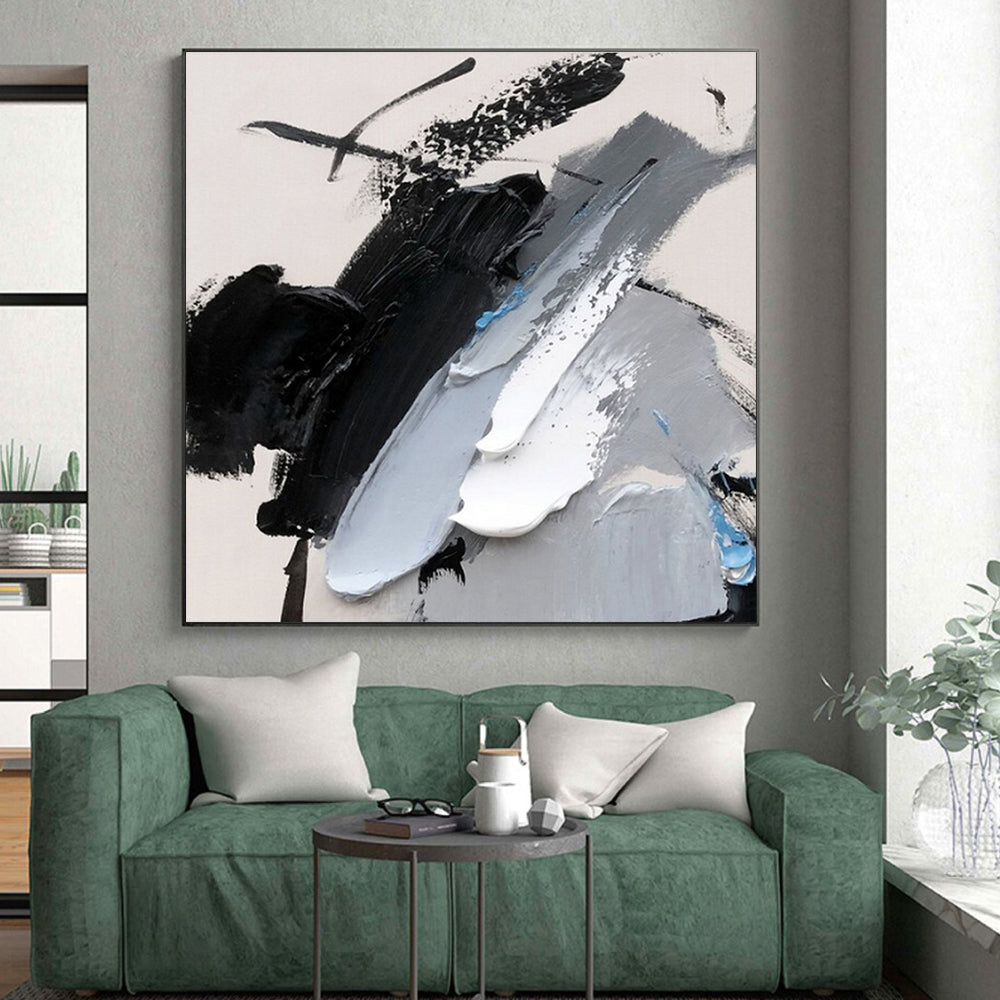 Acrylic Modern Art Paintings - Black, Gray, White & Blue Textured Abstract Art PT585