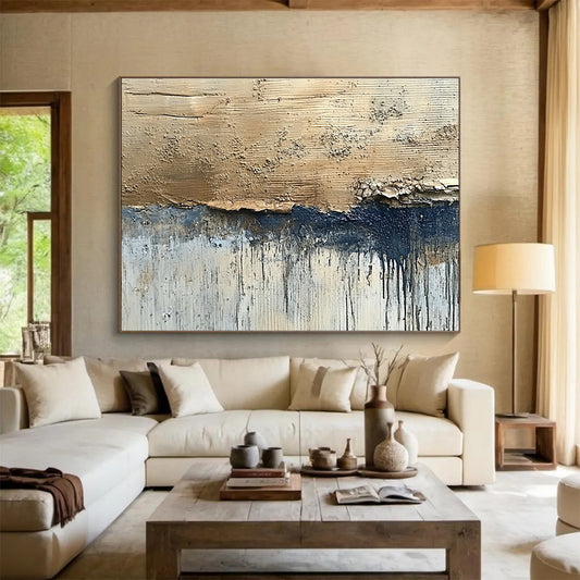 Hand-Painted Beige, Navy & Gray Textured Abstract Painting HPS281