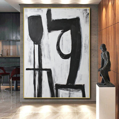 Affordable Large Abstract Wall Art With Black, White Geometric Shapes On Canvas PT194