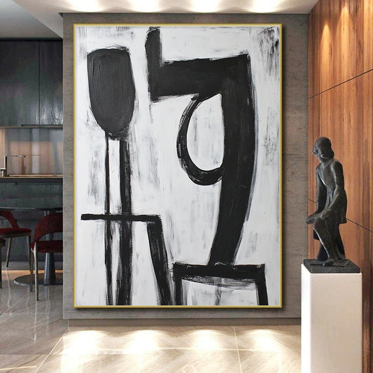 Affordable Large Abstract Wall Art With Black, White Geometric Shapes On Canvas PT194