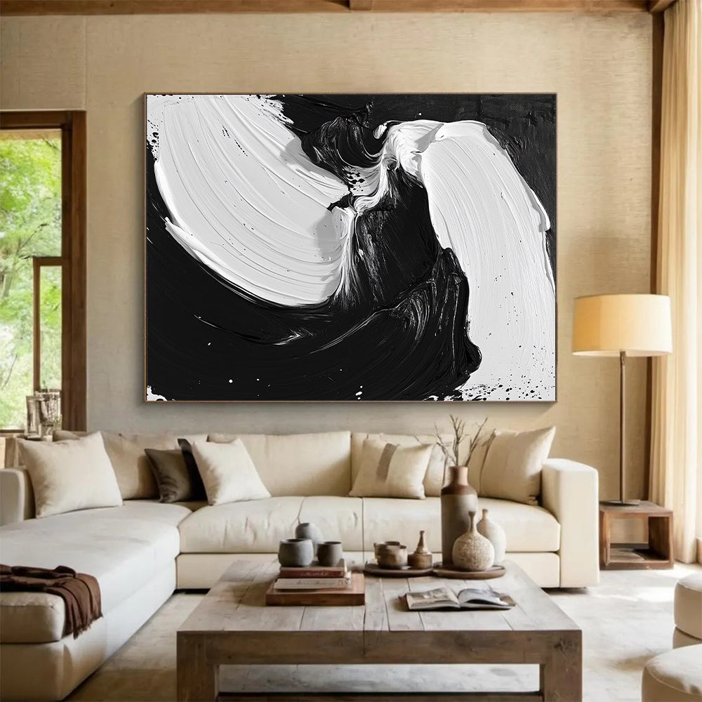 Custom Large Abstract Art For Living Room With Black, White Fluid Brushstrokes On Canvas PT195