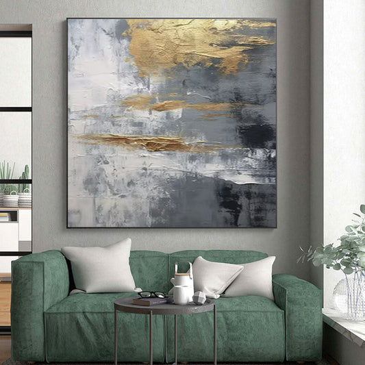 Hand-Painted Gold, Gray, and White Textured Abstract Art PT735