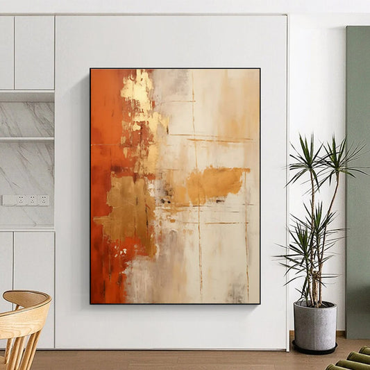 Modern Art Acrylic - Orange, Gold, Beige & Gray Textured Abstract Art PT590
