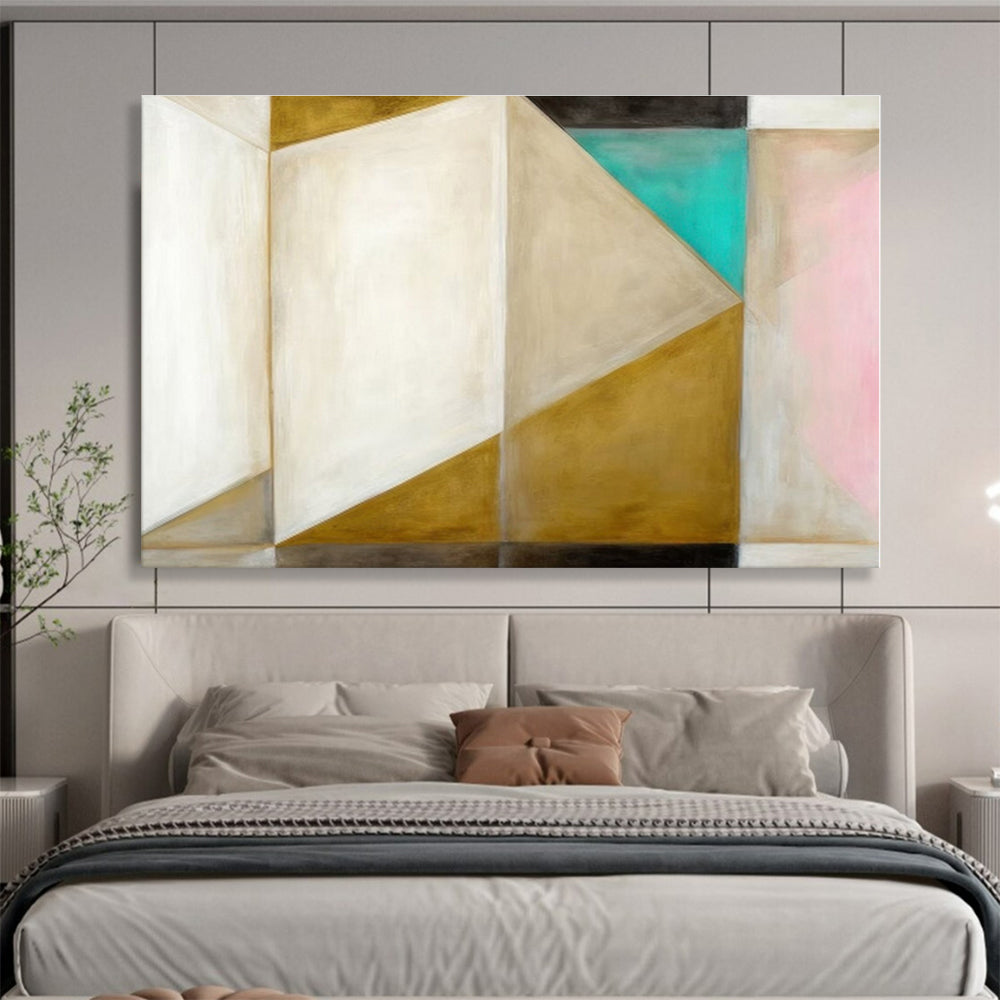 Unique Abstract Art Neutral Tones With Gold, Teal & Pink Geometric Abstract Painting On Canvas HPS072