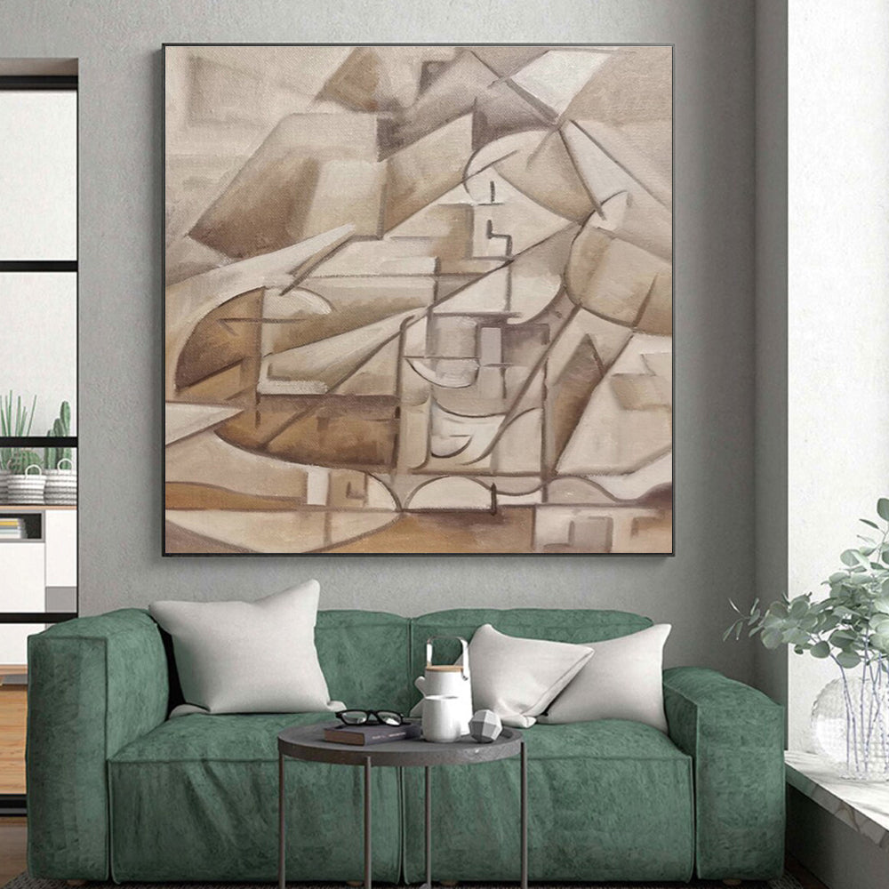 Large Contemporary Wall Art Beige Brown Cubist Abstract Acrylic Creation PT438