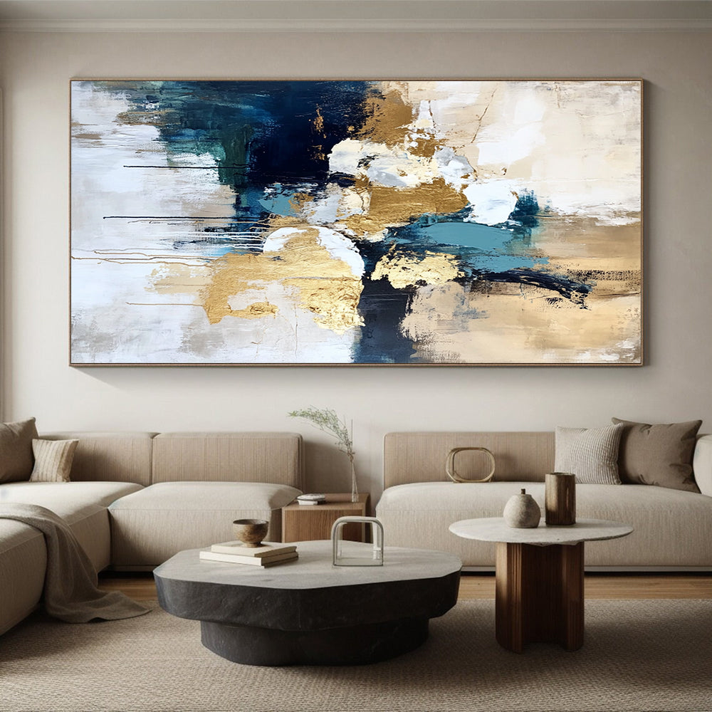 Abstract Canvas Wall Art Large, Gold Blue White Black Abstract Textured Art PT165
