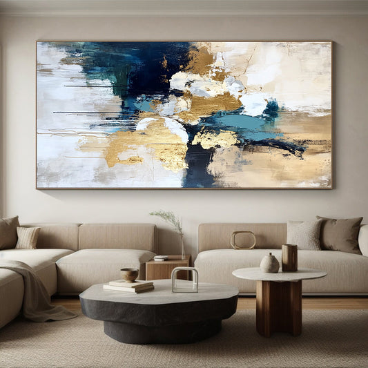 Abstract Canvas Wall Art Large, Gold Blue White Black Abstract Textured Art PT165