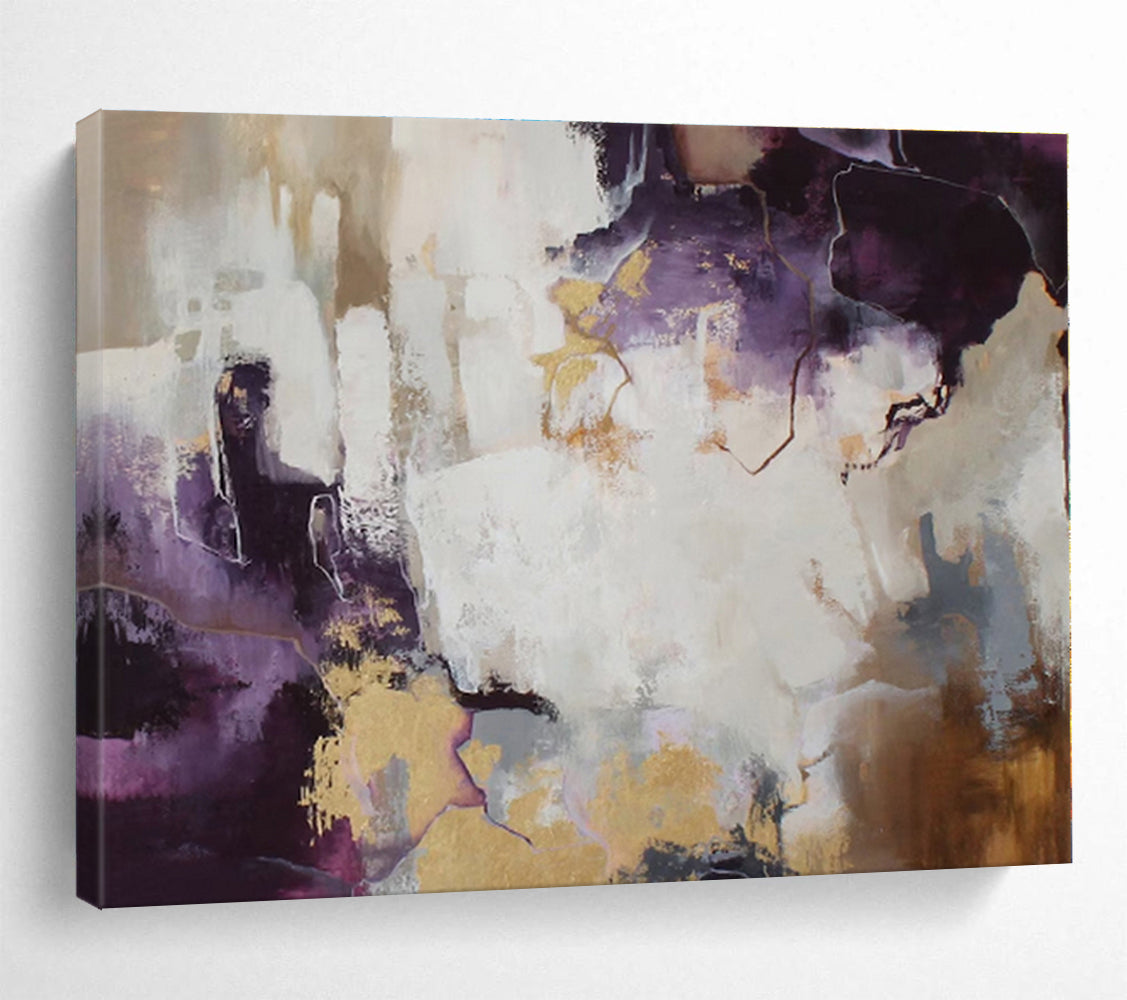 Modern Art Acrylic Purple, Gold & White Abstract On Canvas HPS045