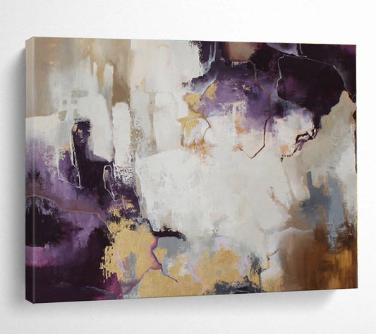 Modern Art Acrylic Purple, Gold & White Abstract On Canvas HPS045
