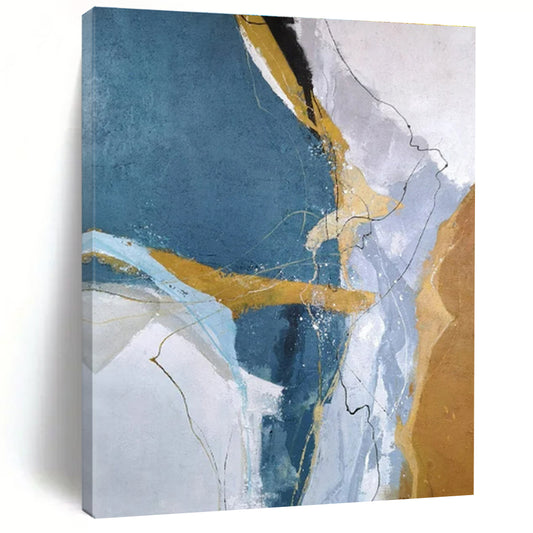 Cool Abstract Paintings Blue, Gold, and Gray Dynamic Abstract Art PT807