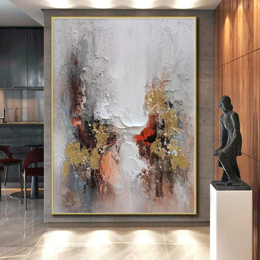 Hand-Painted Gray, Red & Gold Textured Abstract Painting On Canvas PT031