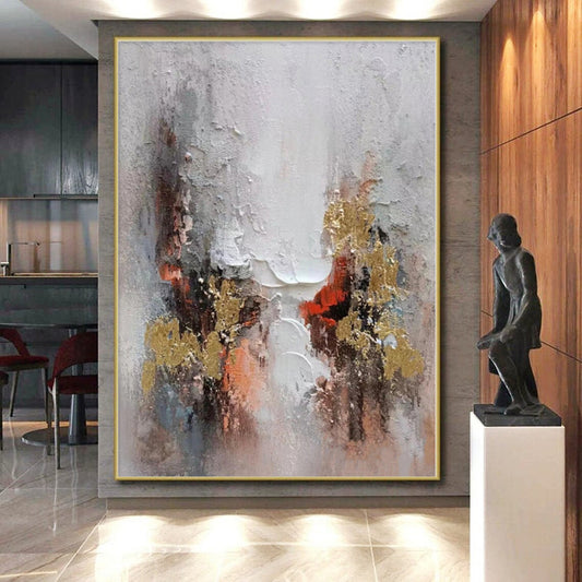 Hand-Painted Gray, Red & Gold Textured Abstract Painting On Canvas PT031