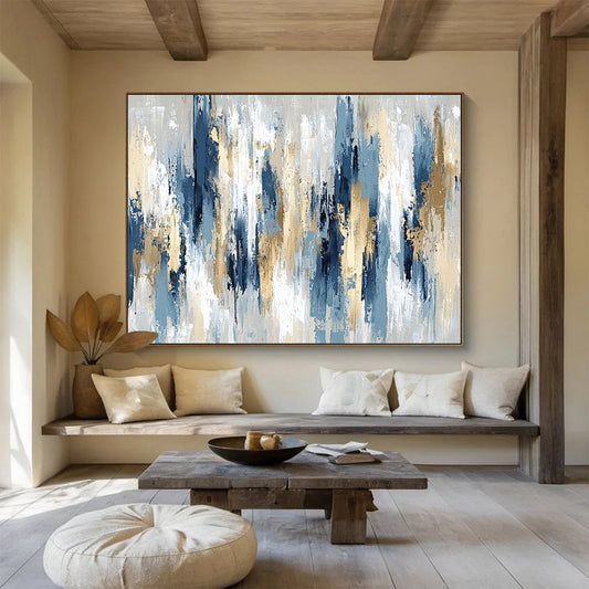 Oversized Abstract Wall Art Blue, Gold, Gray & White Textured Abstract Painting HPS294