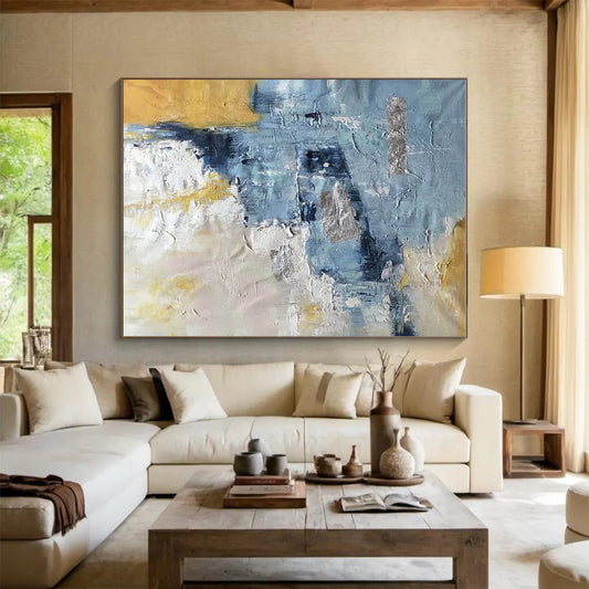 Handmade Art in Blue, Grey, Yellow, and White Abstract Textural Layers PT250