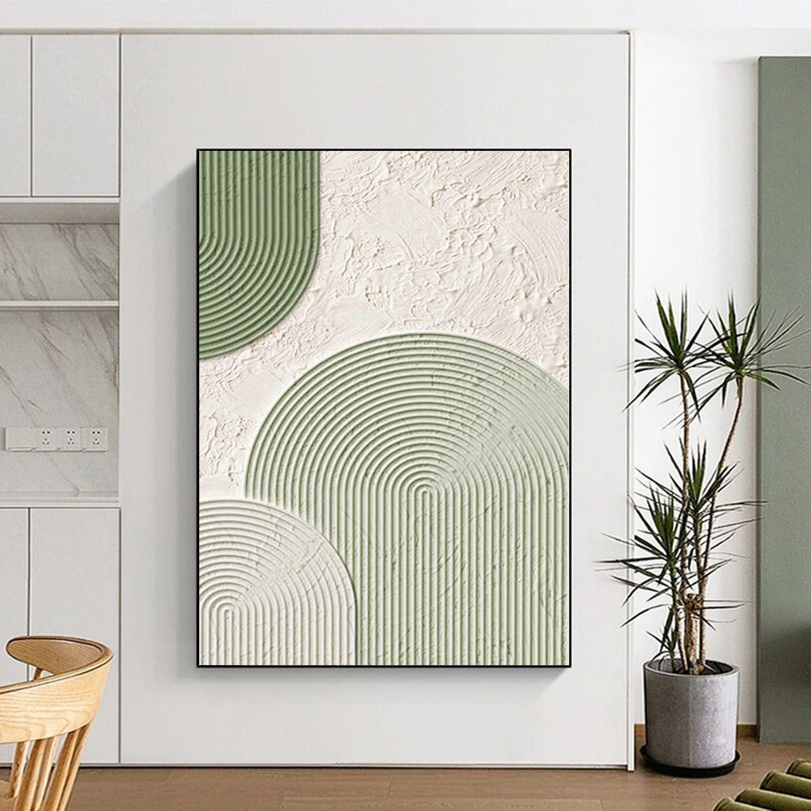 Handmade Art Green & White Geometric Textured Abstract Painting On Canvas PT074