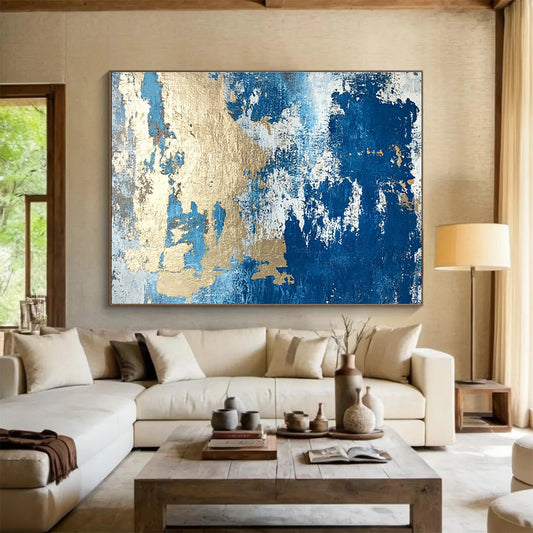Large Size Blue, Gold & White Textured Abstract Painting HPS262