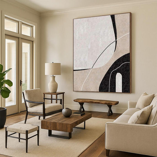 Minimalist Canvas Art Black, Beige, and White Organic Abstract Art PT681