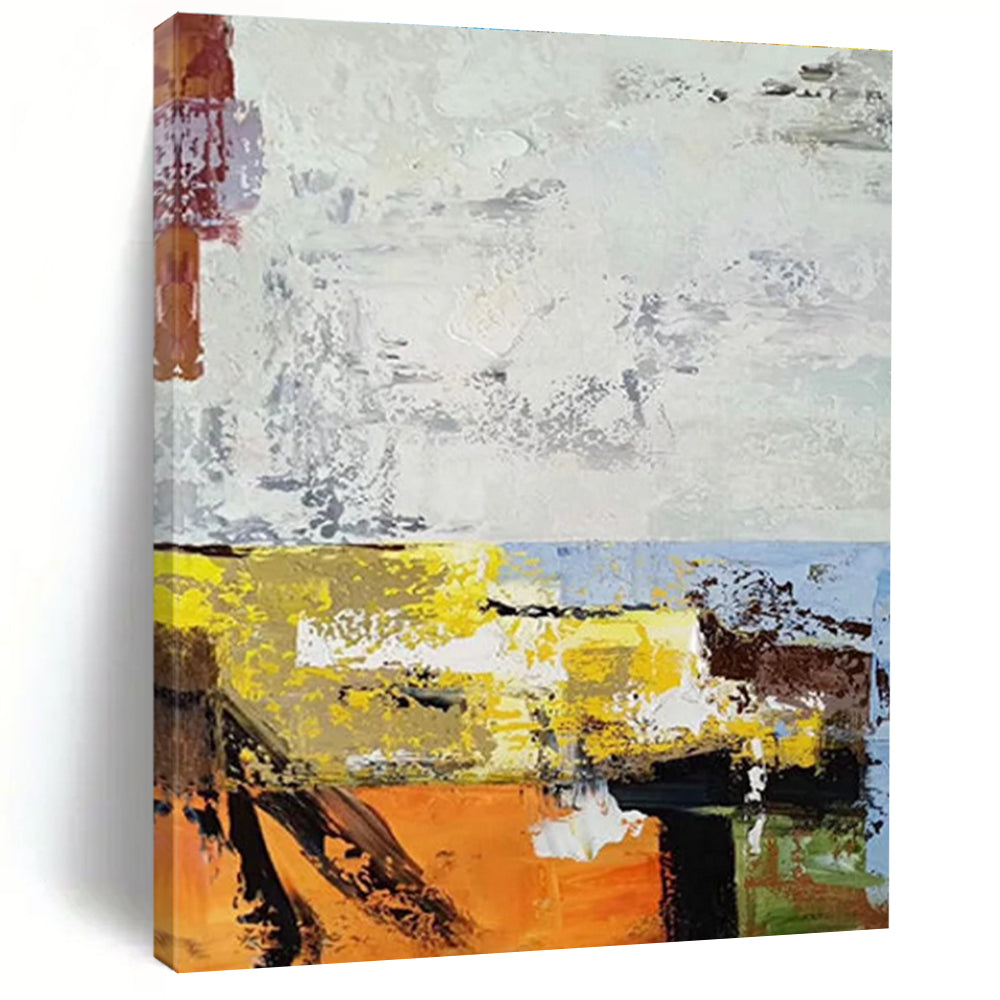 48x60 Orange, Yellow, White, and Gray Abstract Painting with Bold Textures, Cool Abstract Paintings PT206