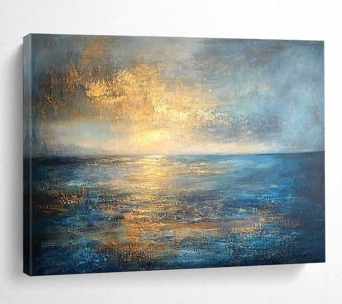 Modern Art Acrylic Blue, Gold & Gray Textured Coastal Abstract Painting HPS288