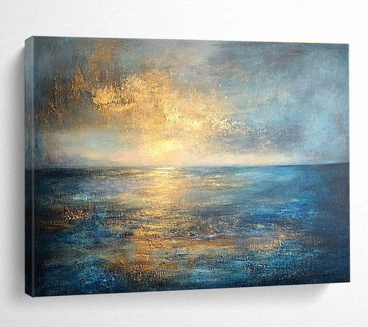 Modern Art Acrylic Blue, Gold & Gray Textured Coastal Abstract Painting HPS288