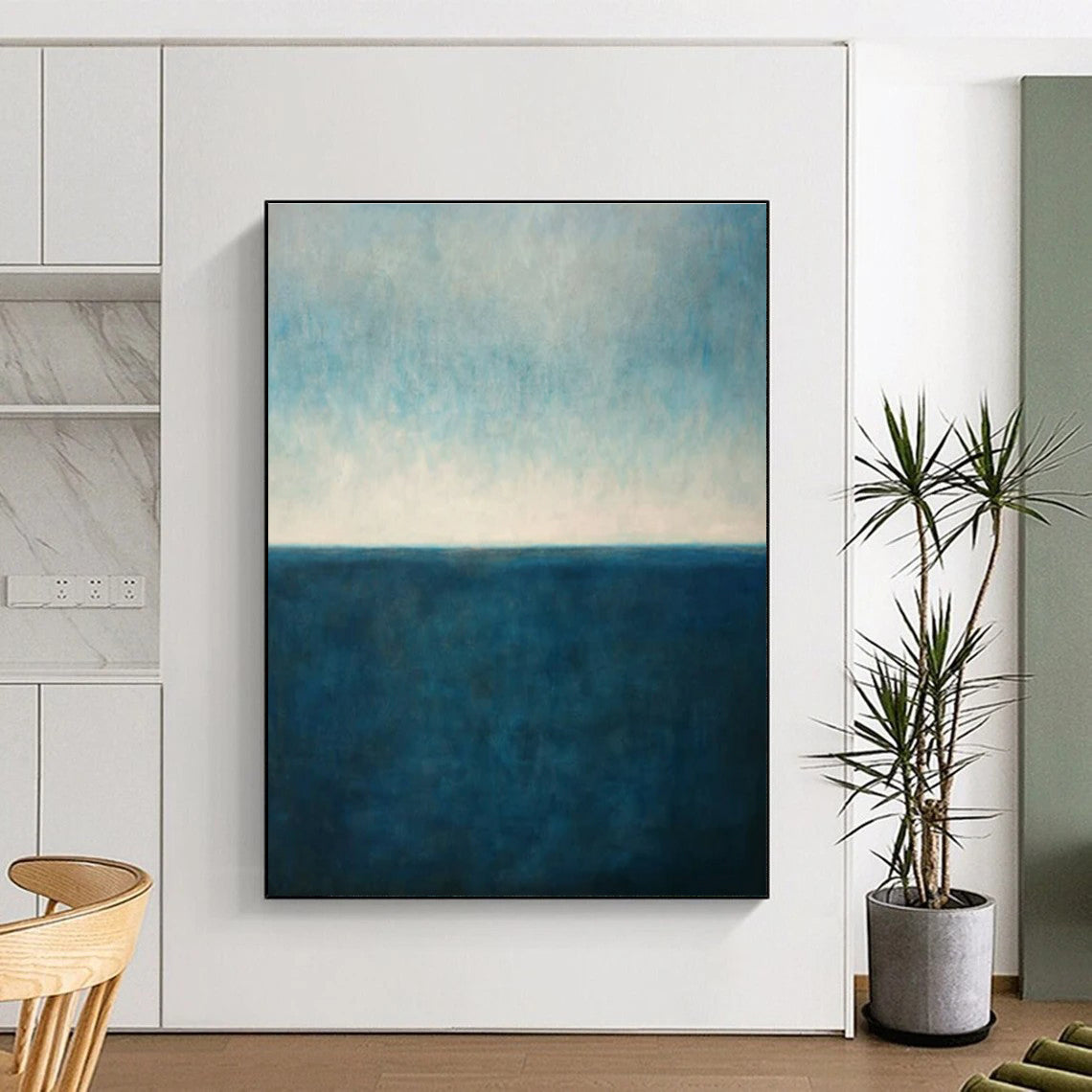 Large Size Blue & Beige Abstract Sea Horizon, Large Contemporary Wall Art DPS515