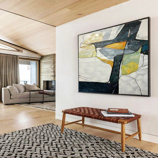 Hand Painting Black, White & Yellow Abstract Geometric Art HPS192