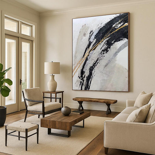 Unique Abstract Art in Black, White, Gold, and Silver Abstract Brushstrokes PT245