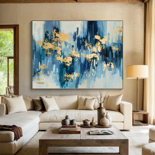 Hand-Painted Blue and Gold Abstract Painting with Brush Strokes, Acrylic Modern Art PT001