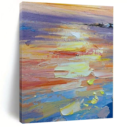 Large Painting In Living Room with Vibrant Sunset Hues (Orange, Yellow, Blue) PT017