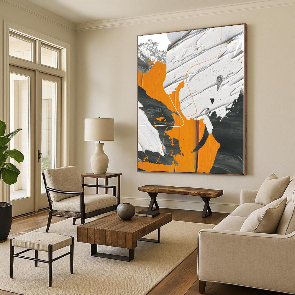 Large Painting In Living Room Orange, Gray & Black Textured Abstract Painting On Canvas PT090