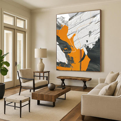 Large Painting In Living Room Orange, Gray & Black Textured Abstract Painting On Canvas PT090