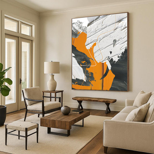 Large Painting In Living Room Orange, Gray & Black Textured Abstract Painting On Canvas PT090