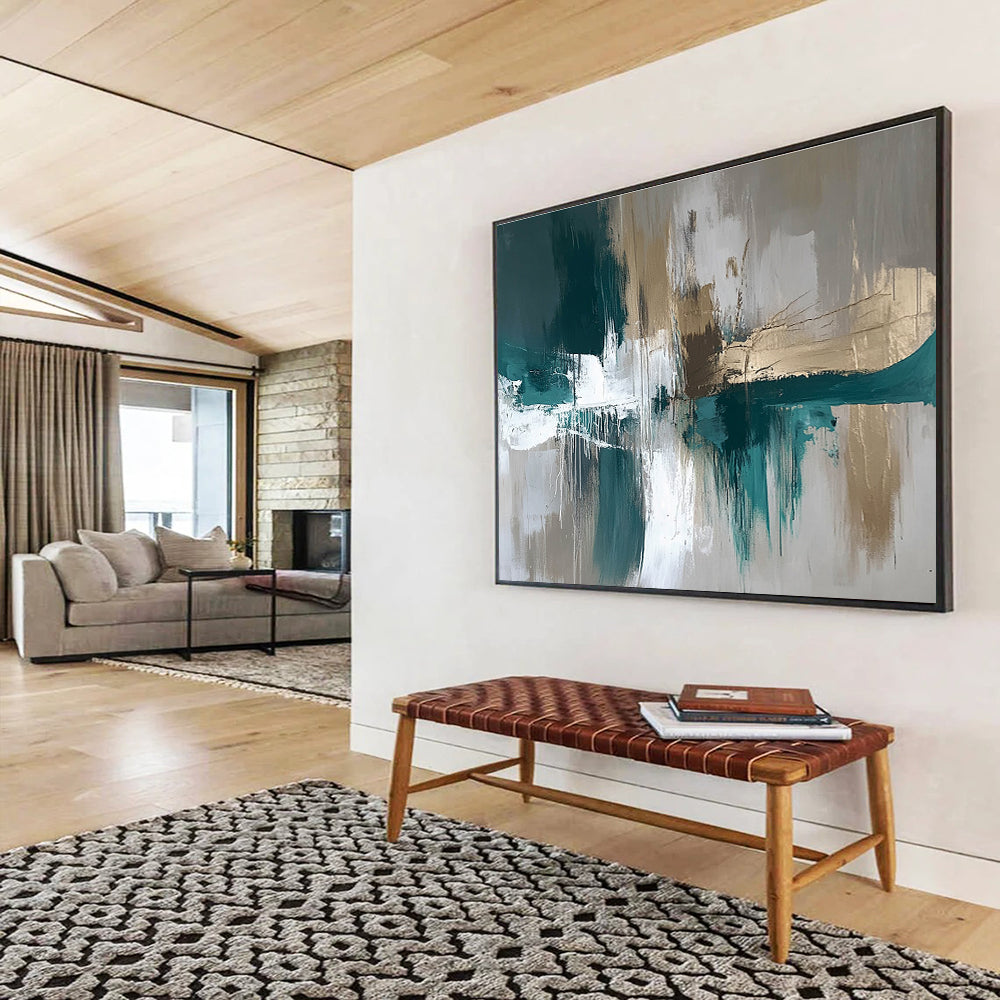 Modern Art Acrylic Teal, Gold, Gray & White Textured Abstract Painting HPS299