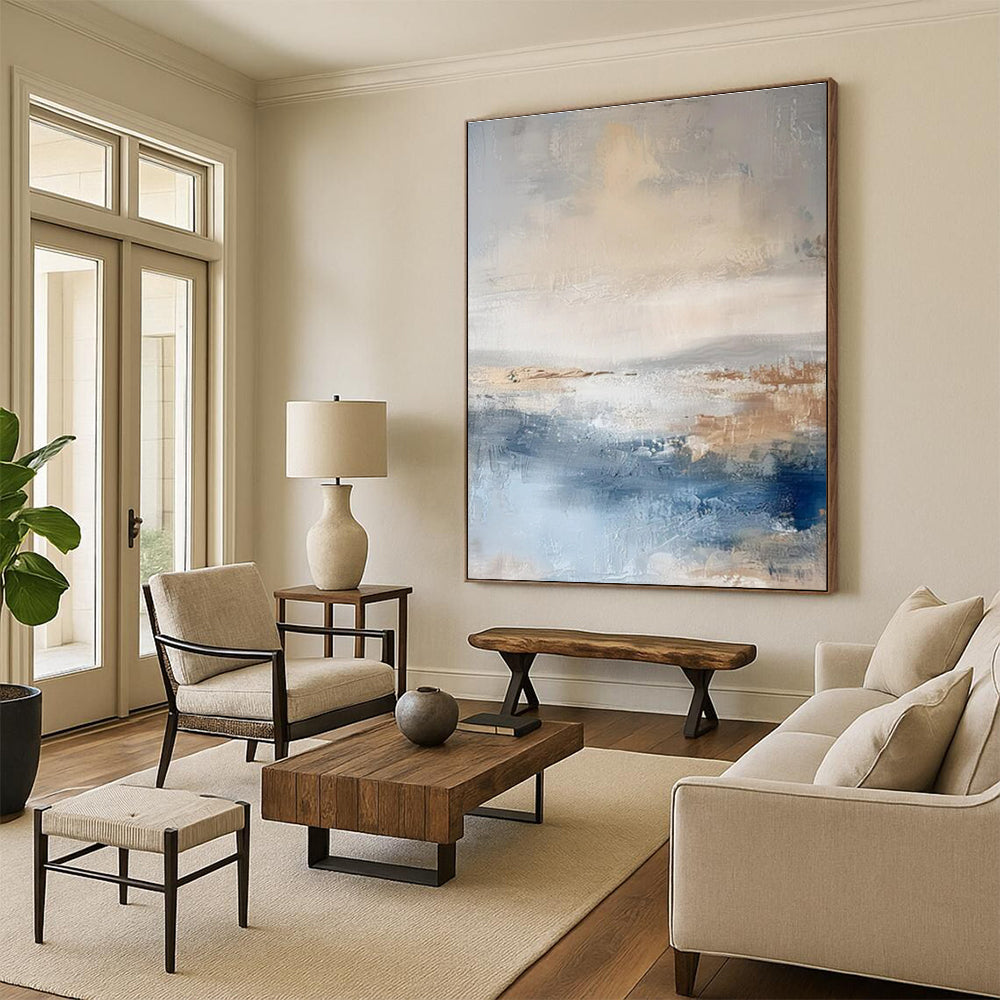 Huge Size Beige, Gray & Blue Abstract Landscape, Large Contemporary Wall Art DPS502