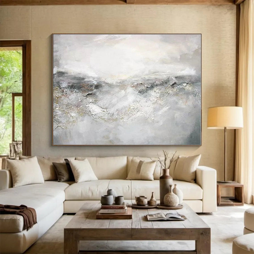 Handmade Art Gray & White Textured Landscape Abstract Painting On Canvas HPS107