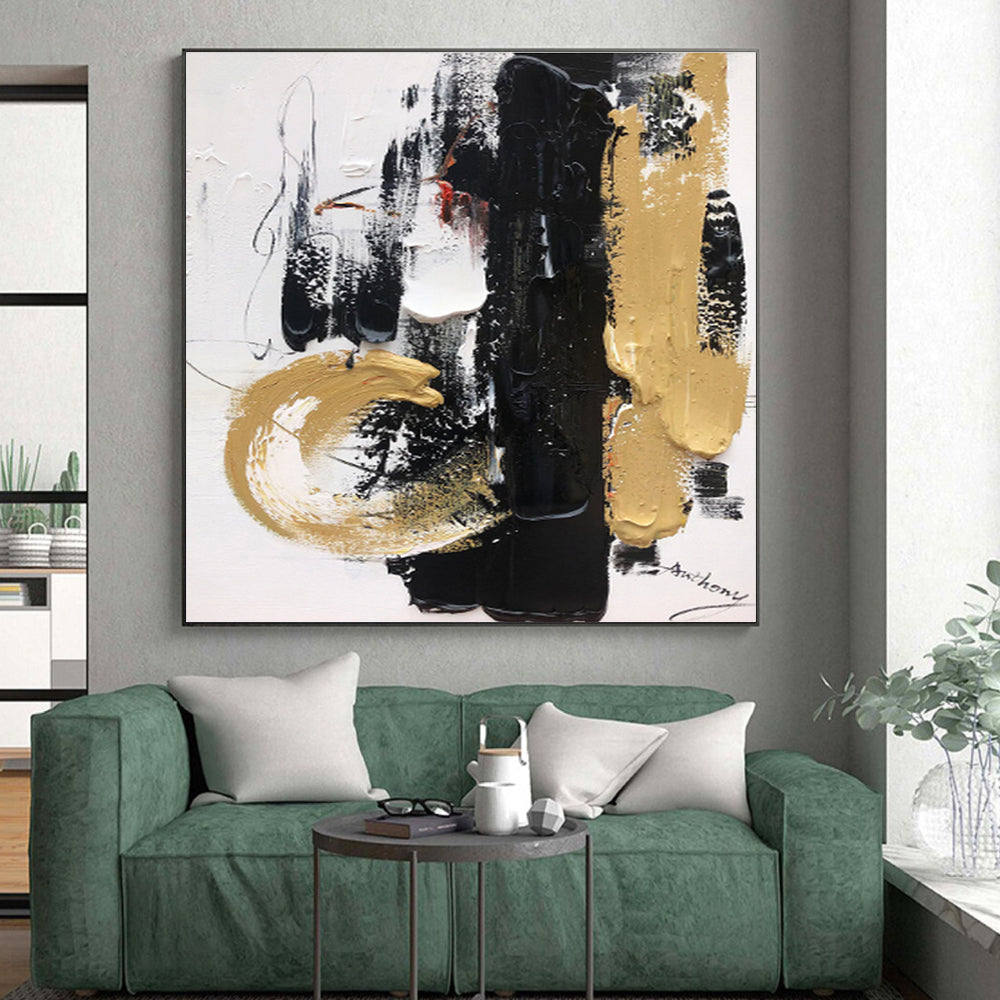 Large Size Black Gold White Abstract Expressionist Acrylic Painting PT474