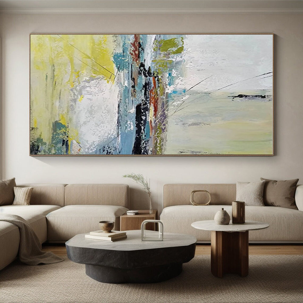 Acrylic Modern Art Paintings with Yellow, Blue, White, and Gray Abstract Landscape PT220