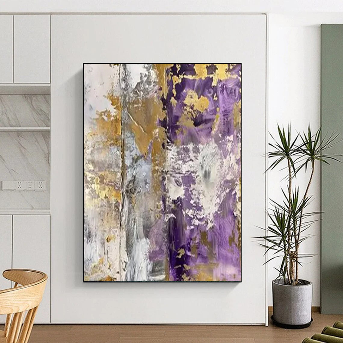 Unique Abstract Art - Purple, Gold & Gray Textured Abstract Art with Metallic Accents PT592