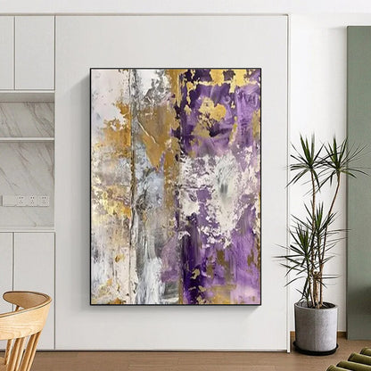 Unique Abstract Art - Purple, Gold & Gray Textured Abstract Art with Metallic Accents PT592