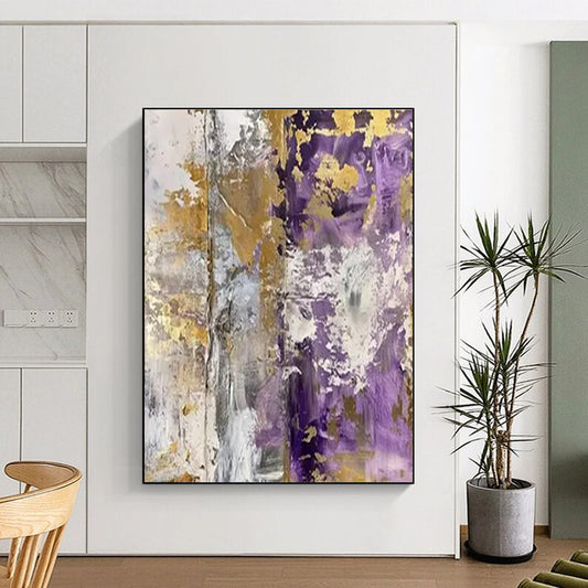 Unique Abstract Art - Purple, Gold & Gray Textured Abstract Art with Metallic Accents PT592