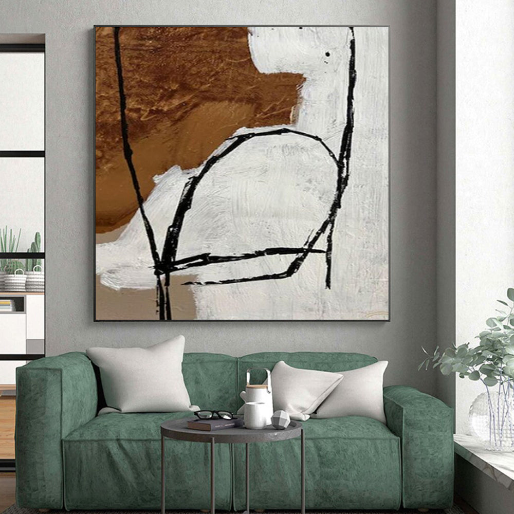 Handmade Art Black, White, and Brown Linear Abstract Art PT687