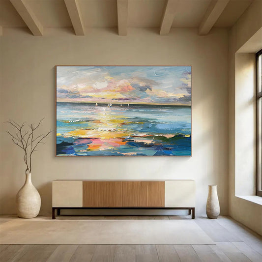 Oversized Abstract Wall Art Colorful Sunset & Sailboats On Sea Abstract On Canvas HPS040