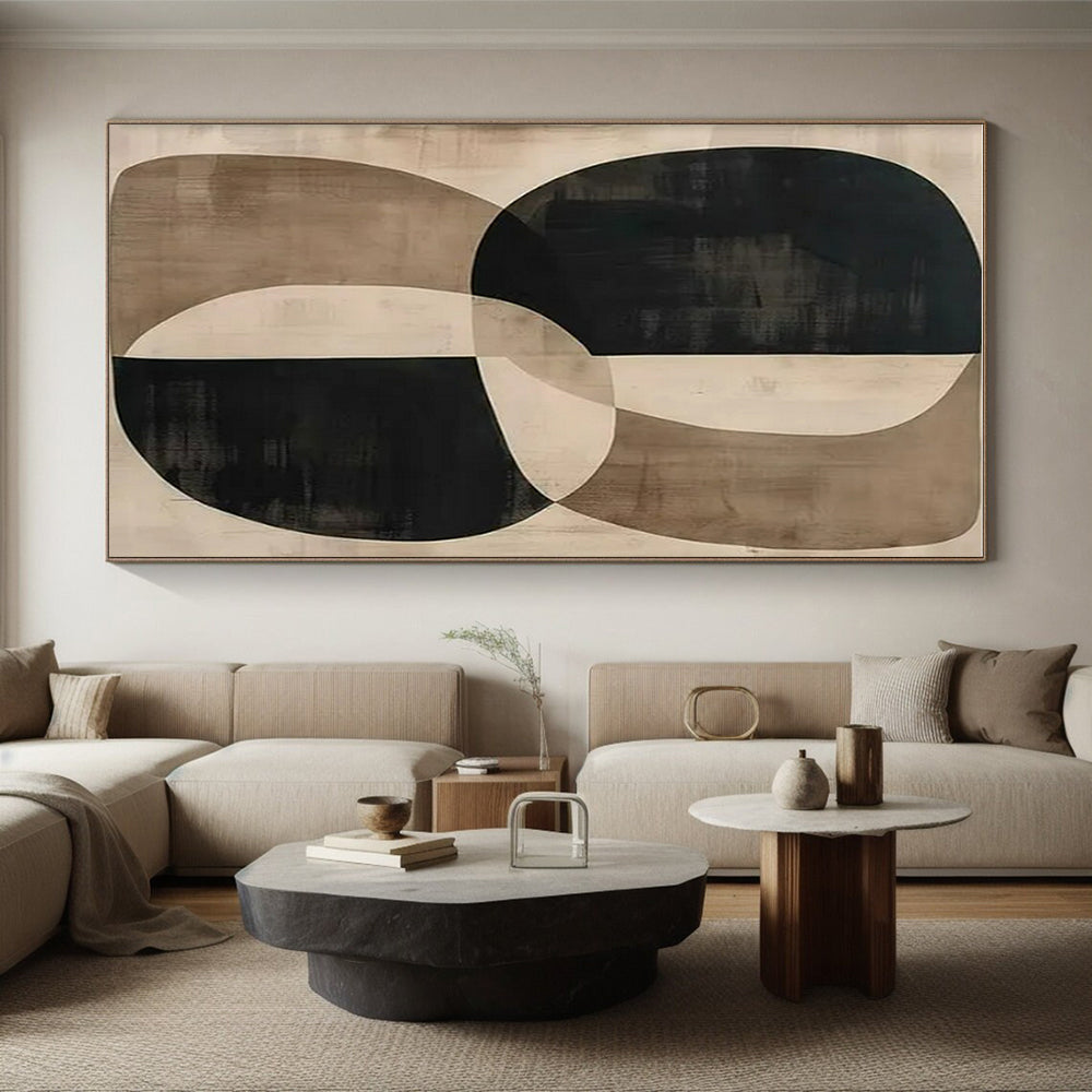 Unique Abstract Art - Black, Beige & Brown Geometric Circles Abstract Art with Soft Edges PT599
