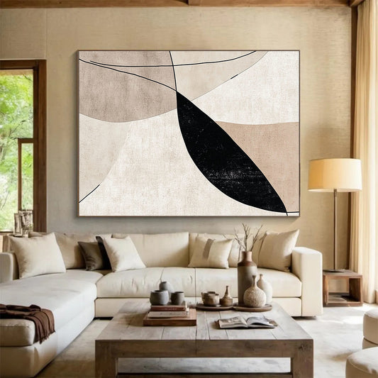 Modern Large Abstract Canvas Painting, Beige Black Gray Minimalist Geometric Abstract Art PT137
