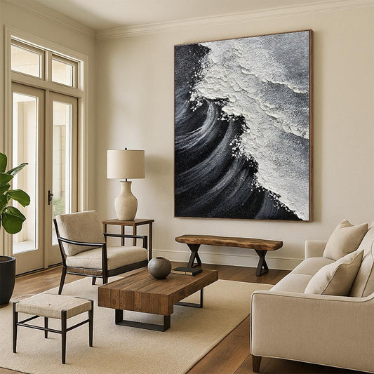 Hand-Painted Black & White Textured Wave Abstract, Acrylic Modern Art Painting DPS506