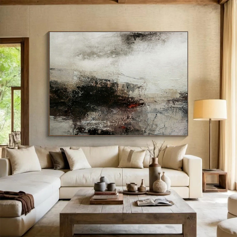 Hand-Painted Gray, Black, and Red Abstract Urban Landscape Art HPS391