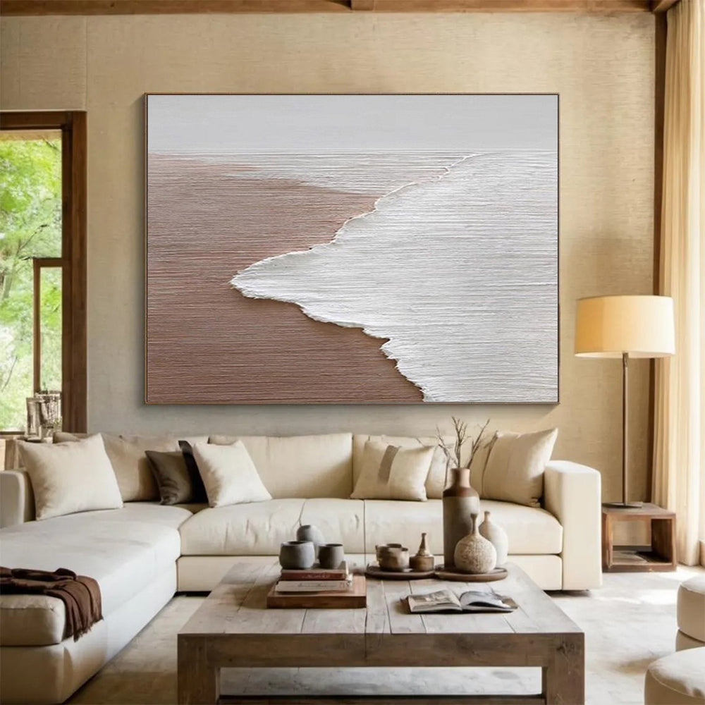 Large Painting In Living Room Beige & White Abstract Coastal Art HPS220