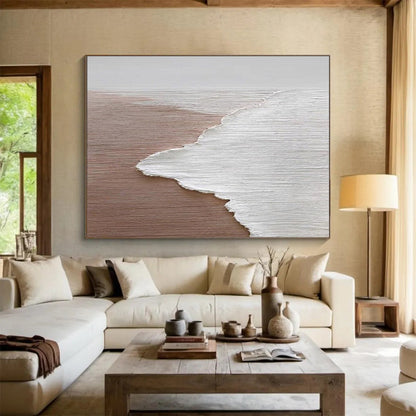 Large Painting In Living Room Beige & White Abstract Coastal Art HPS220